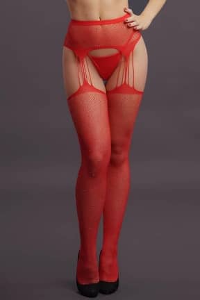 Sexiga Underkläder Le Désir - Suspender Rhinestone Pantyhose Red OS