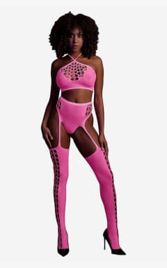 Sexiga Underkläder Glow In The Dark Two Piece With Crop Top And Stockings Pink