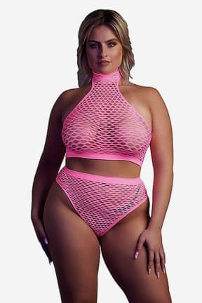 Sexiga Underkläder Glow In The Dark Turtle Neck And High Waist Slip Pink