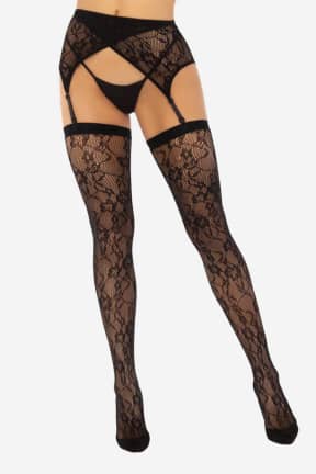 Sexiga Underkläder Lace Thigh Tighs And Garterbelt Black - Strumpebandshållare, medföljande stayups i sexy fishnet