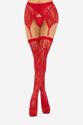 Sexiga Underkläder Lace Thigh Tighs And Garterbelt - Strumpebandshållare, medföljande stayups i sexy fishnet