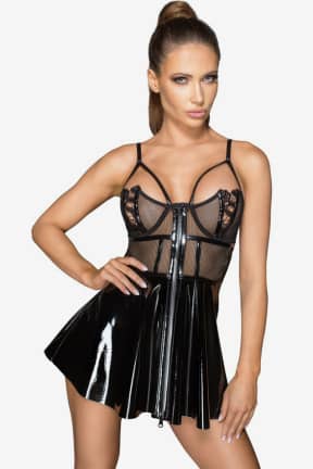 Sexiga Underkläder Noir Vinyl Mini Dress Black S - Högblank wet-look som fångar varje blick, med bustierstöd som formar och håller. Tvåvägsdragkedja och justerbara band ger perfekt passform och lekfull kontroll.