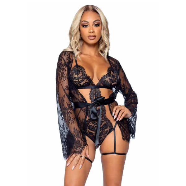 Leg Avenue - Garter Teddy with String Back and Robe Black S