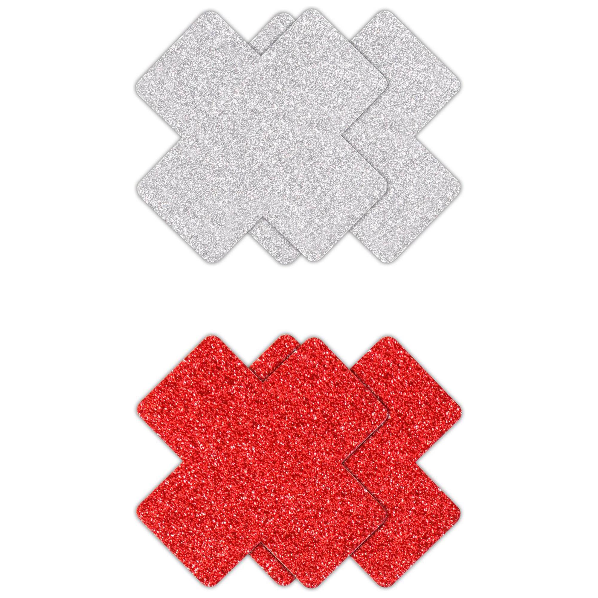 Glitter Cross Pasties Silver & Red 2 Pair