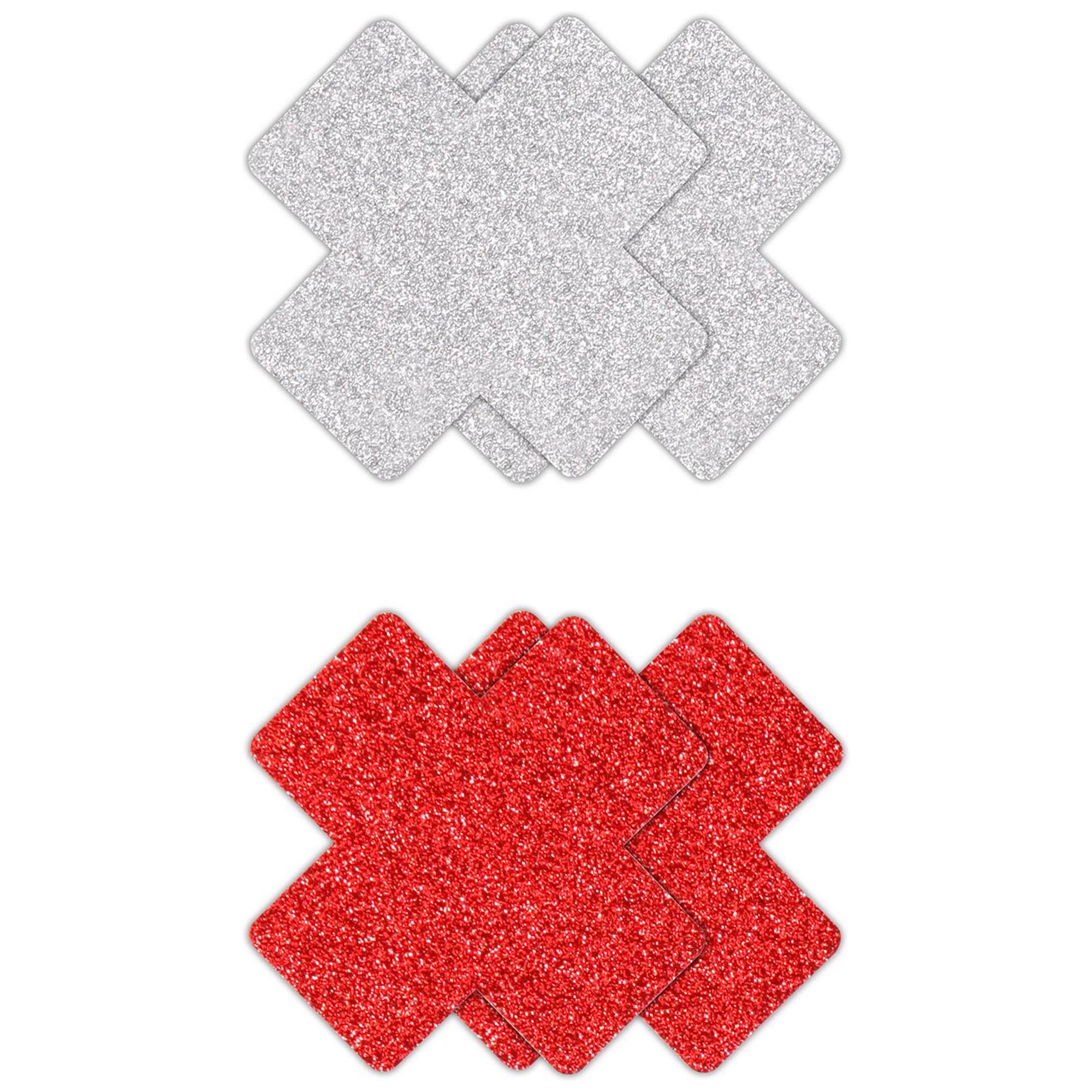 Glitter Cross Pasties Silver &amp; Red 2 Pair