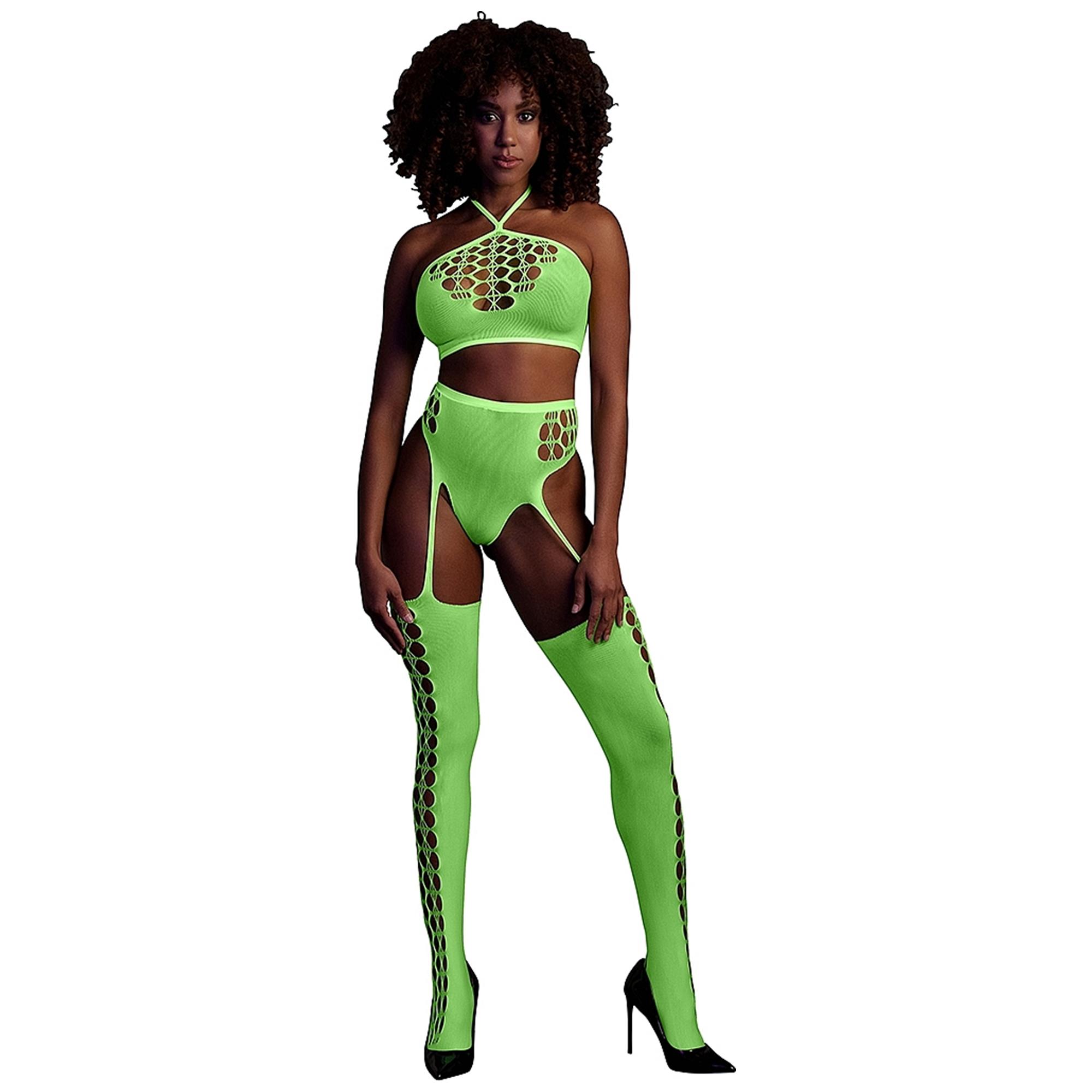 Glow In The Dark Two Piece With Crop Top And Stockings Green OS | Sexiga underkläder | Intimast