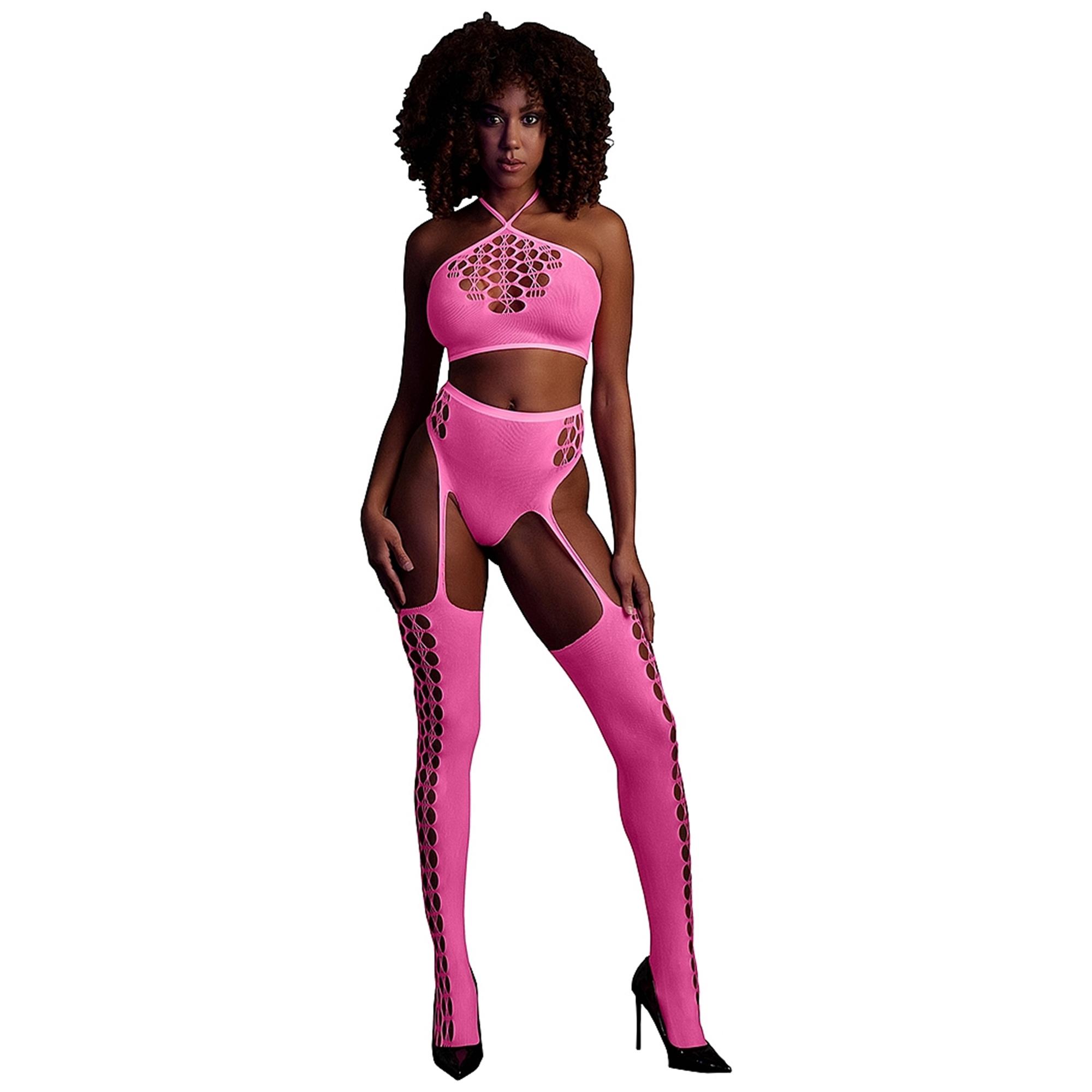 Glow In The Dark Two Piece With Crop Top And Stockings Pink OS | Sexiga underkläder | Intimast
