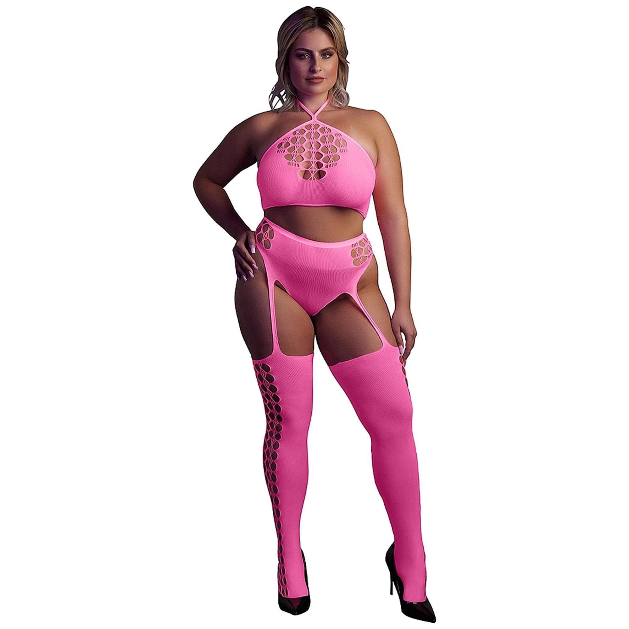 Glow In The Dark Two Piece With Crop Top And Stockings Pink OSX | Sexiga underkläder | Intimast