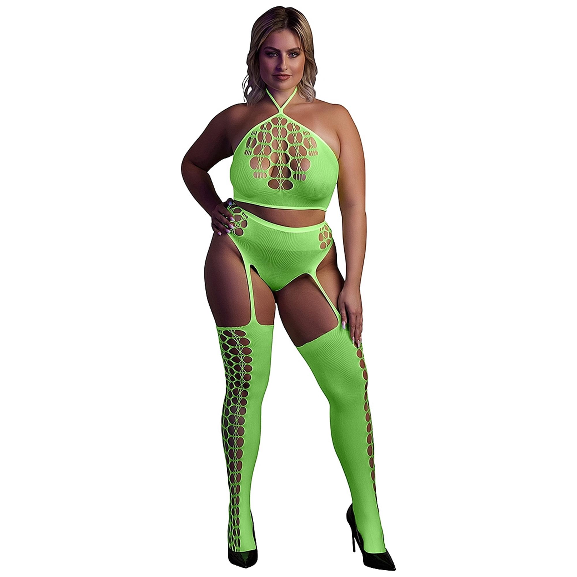 Glow In The Dark Two Piece With Crop Top And Stockings Green OSX | Sexiga underkläder | Intimast